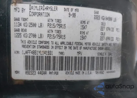 2000 Jeep Cherokee Sport z USA, uszkodzony, nr VIN 1J4FF48S1YL141931